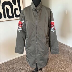 Men's Military Style Gray Jacket with Red Skull Patches